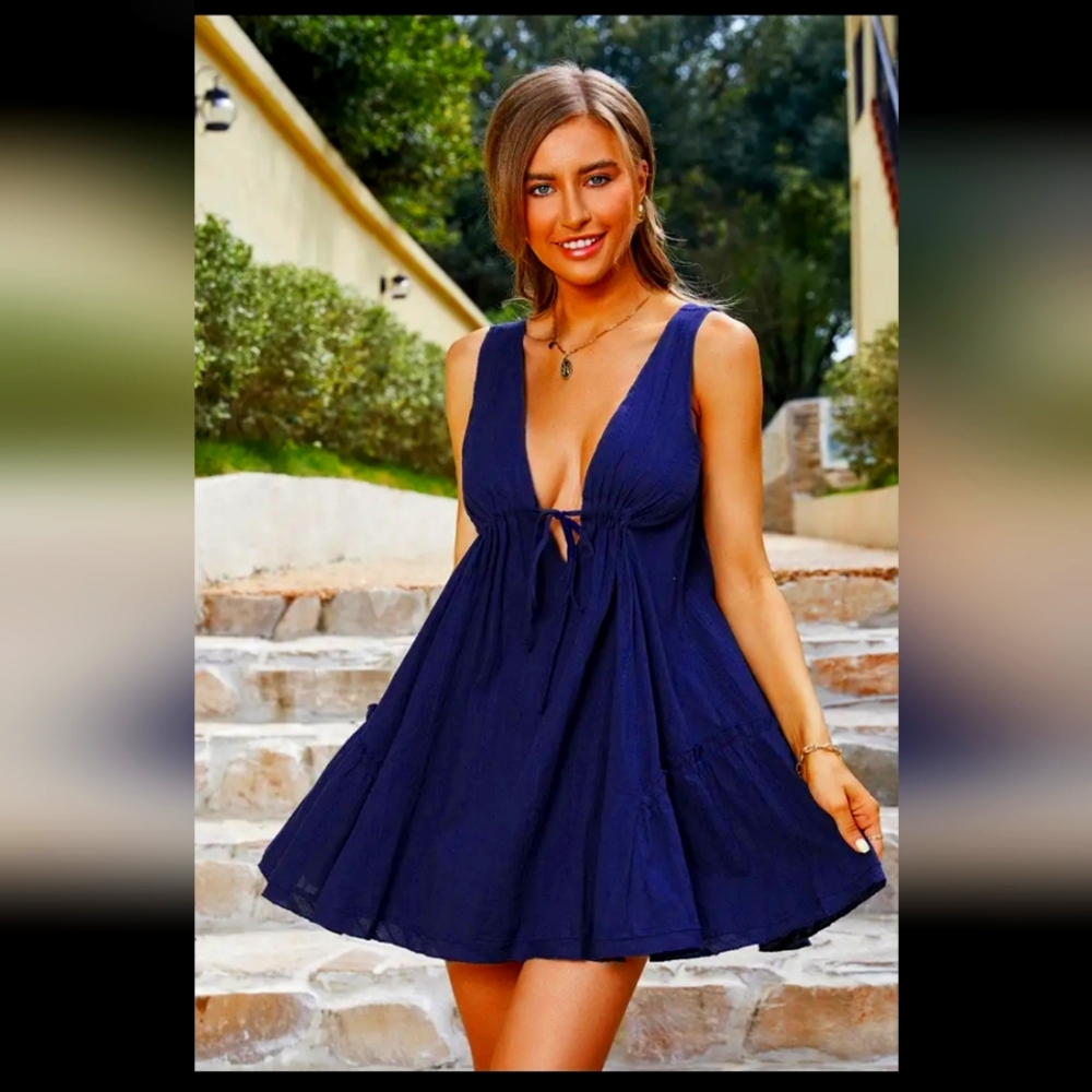 NWT Sz Medium Cupshe Deep V-Neck Navy Summer Swing Dress/Cover Up